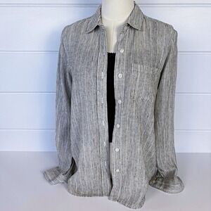 Marine Layer Linen Black White Striped Button Down Shirt M French Parisian Chic